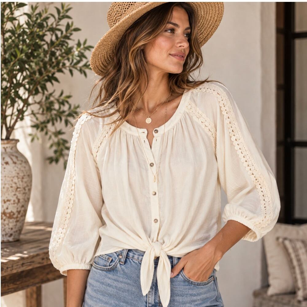 J.Jill Petite M Cotton Blouse Ivory Lace Trim Tie Front Boho Romantic Cottage